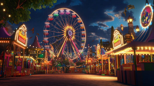 Belebte Stadtstra&szlig;e mit Weihnachtsmarkt und Aussicht auf ein Riesenrad

