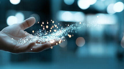 Hand Releasing Sparkling Technology Particles in a Modern Environment Showcasing Digital Innovation