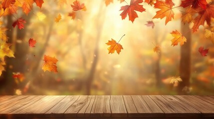 Fall background with a wooden table and fallen autumn leaves in a forest on a sunny day