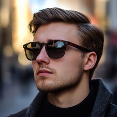 Young Man in Sunglasses Posing Outdoors with Urban Background