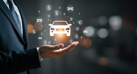 Businessman holding car icons and currency symbols in his hand