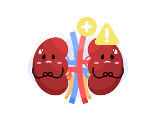 illustration of a pair of kidneys that are sad and gloomy because they are in unhealthy condition. kidney organs that have disease. health and condition. character expression. flat style character 