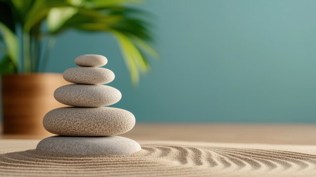 Mind body harmony theme, Serene Zen garden with stacked stones and raked sand, promoting tranquility