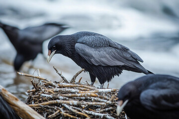 Fototapeta premium Crows gather around a nest near a riverbank during the early morning light in a calm natural setting