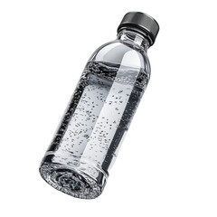 Sparkling water bottle with bubbles on white background, beverag
