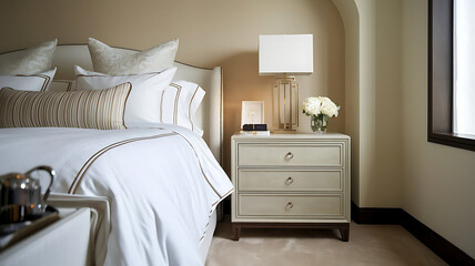 Bedroom Interior with Bed, Nightstand, and Window