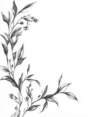 Naklejka premium Black and white botanical drawing of a delicate branch with fine leaves, natural and elegant