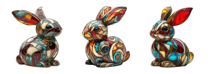 Colorful Stained Glass Rabbit Figurines on Transparent Background