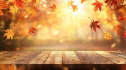 Fall background with a wooden table and fallen autumn leaves in a forest on a sunny day