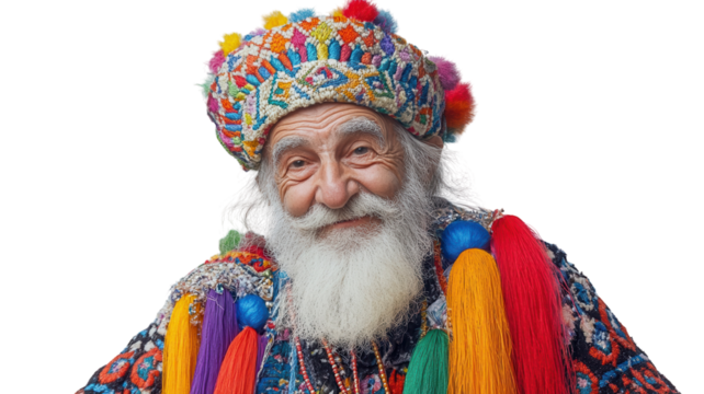 Old Man in Colorful Festival Costume: A Vibrant Celebration of Culture and Tradition for Events and Promotions.