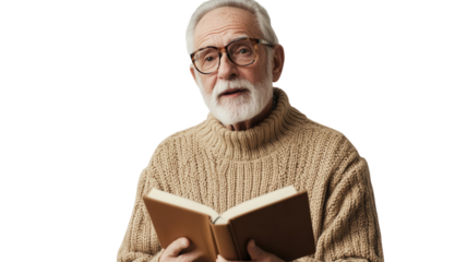 An elderly gentleman wearing a cozy sweater and reading glasses, deeply engrossed in a book, perfect for depicting themes of comfort and wisdom in your projects..