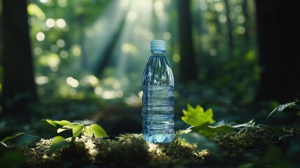 Plastic water bottle on forest floor, sunlight.