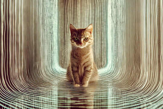 Abstract visualization of Schr&Atilde;&para;dinger's cat with glowing quantum waves splitting into parallel dimensions