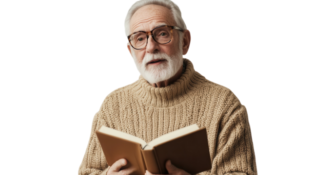 An elderly gentleman wearing a cozy sweater and reading glasses, deeply engrossed in a book, perfect for depicting themes of comfort and wisdom in your projects.. - Powered by Adobe