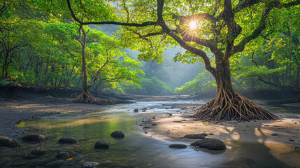 serene landscape featuring river surrounded by lush green trees, sunlight filtering through leaves, creating tranquil