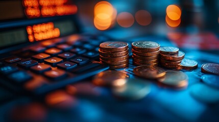 Stacks of coins near a calculator and stock ticker