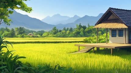 Fototapeta premium Tranquil Asian Rice Paddy House Scenic Vista