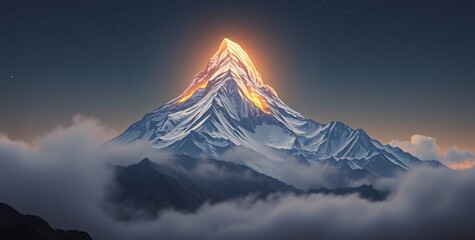 Surreal Fantasy Mountain with Glowing Crystal Peak Under Stormy Skies.