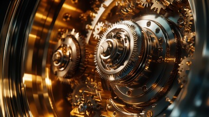 A close-up of a mechanical system with rotating gears and metal components, creating a seamless motion of industrial energy and power.