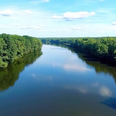 Serene river journey under a bright blue sky surrounded by lush greenery