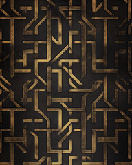 Fototapeta premium Geometric gold maze-like design on a dark textured background, modern and bold