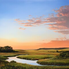 Serene twilight over a winding river in vibrant grasslands at sunset