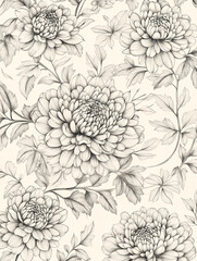 Intricate chrysanthemum flowers in monochrome with leaves, vintage and artistic