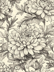 Hand-drawn chrysanthemums and foliage in detailed monochrome, classic and botanical
