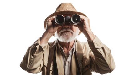 Exploring Nature: An Old Man in a Safari Outfit Using Binoculars for Wildlife Observation and Adventure Enthusiasts.