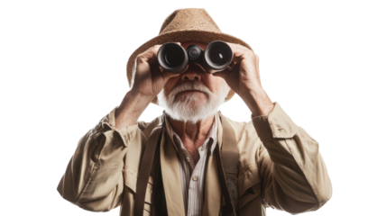 Exploring Nature: An Old Man in a Safari Outfit Using Binoculars for Wildlife Observation and Adventure Enthusiasts.