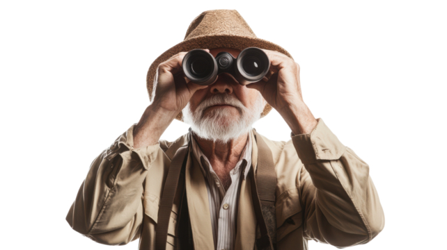 Exploring Nature: An Old Man in a Safari Outfit Using Binoculars for Wildlife Observation and Adventure Enthusiasts.