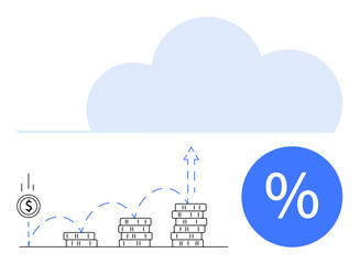 Stack of coins incrementing in size with an arrow suggesting growth, dollar sign, blue percentage symbol, cloud in background. Ideal for finance, investments, growth, savings, interest rates ROI