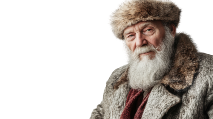 A Portrait of an Elderly Man Wearing a Traditional Russian Fur Hat, Perfect for Cultural or Historical Representations.