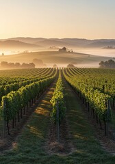 Fototapeta premium Golden sunrise over vineyard rows: tranquil morning in scenic countryside landscape
