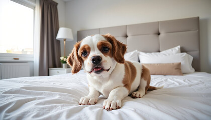 Curious puppy tilting head while relaxing on a bed in a cozy bedroom
