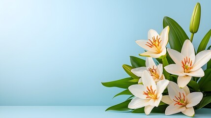 Obraz premium Elegant white lilies on a soft blue background for floral design