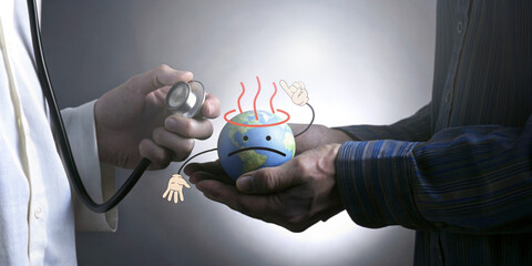 Earth Day. Greenhouse conditions concept from air pollution that causes global warming and environmental operation. hand, climate change, health, earth, stethoscope