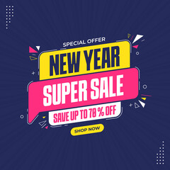 New year super sale banner with discount offer. Special offer promotion banner template. Flash sale special offer banner for social media post or website banner
