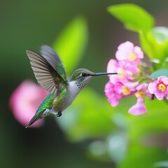Fototapeta premium Hummingbird dancing among vibrant blossoms in a sunlit garden