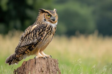 A large owl is perched on a log in a grassy field
