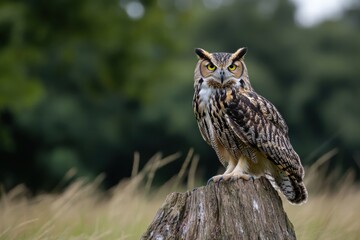 A large owl is perched on a tree stump in a grassy field