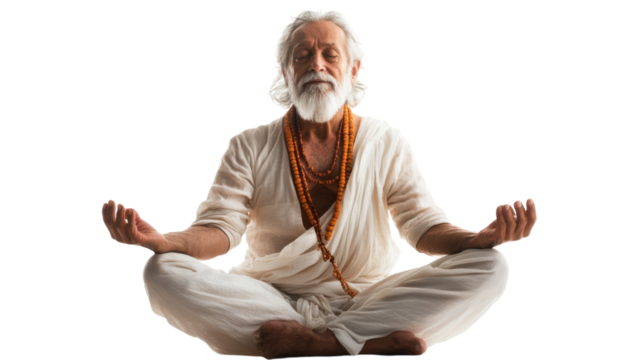 Calm and Focused Meditation: An Elderly Man Practicing Yoga in Traditional Attire for Mindfulness and Wellbeing.