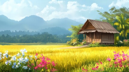 Serene Wooden House Amidst Golden Rice Fields And Mountains