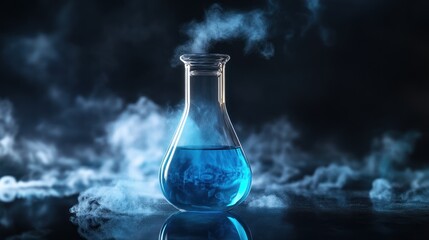 Science lab flask with blue liquid and steam.