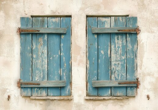Two blue shutters on a wall with a white background