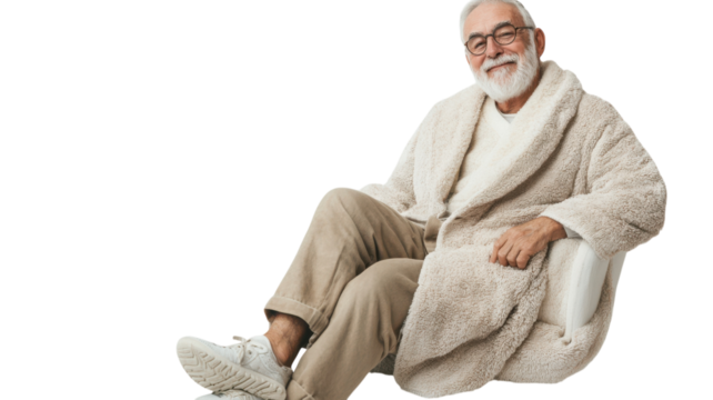 A Serene Moment with an Elderly Man in a Cozy Bathrobe and Slippers Perfect for Lifestyle and Comfort Illustrations.