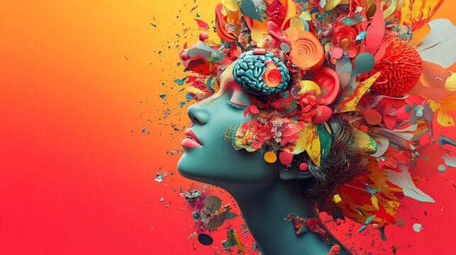 Abstract woman portrait with vibrant floral and geometric elements.