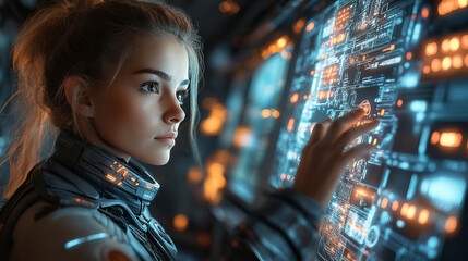 Young caucasian female navigates futuristic touchscreen interface in sci-fi environment