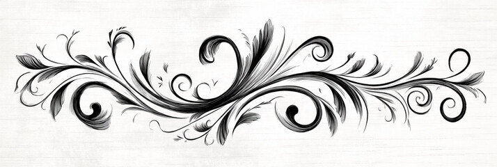 Fototapeta premium Intricate black swirl motif with flowing floral patterns on a white textured background, ideal for artistic and elegant designs