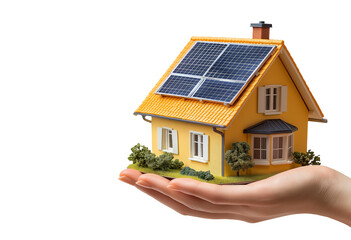 Hand holding miniature house model with solar panel on roof